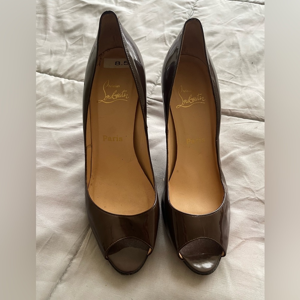 Christian Louboutin Brown Patent Leather peep toe shoes